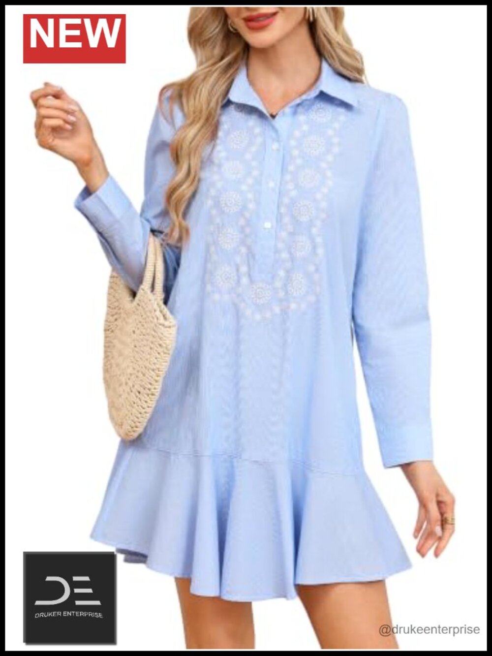 100% Cotton Shirt Dress Floral Embroidered Mini Button Down Collar